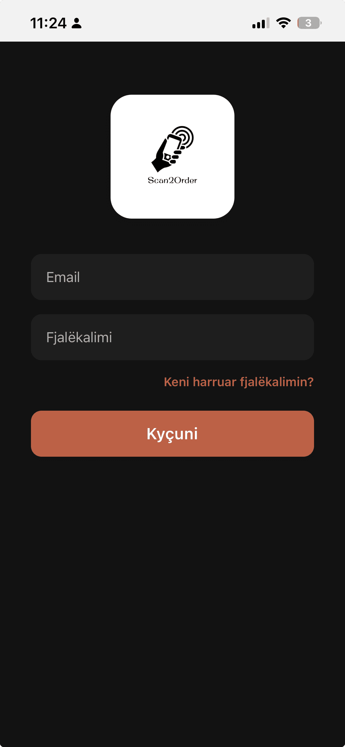 Screenshot of the Scan2Order staff mobile app.