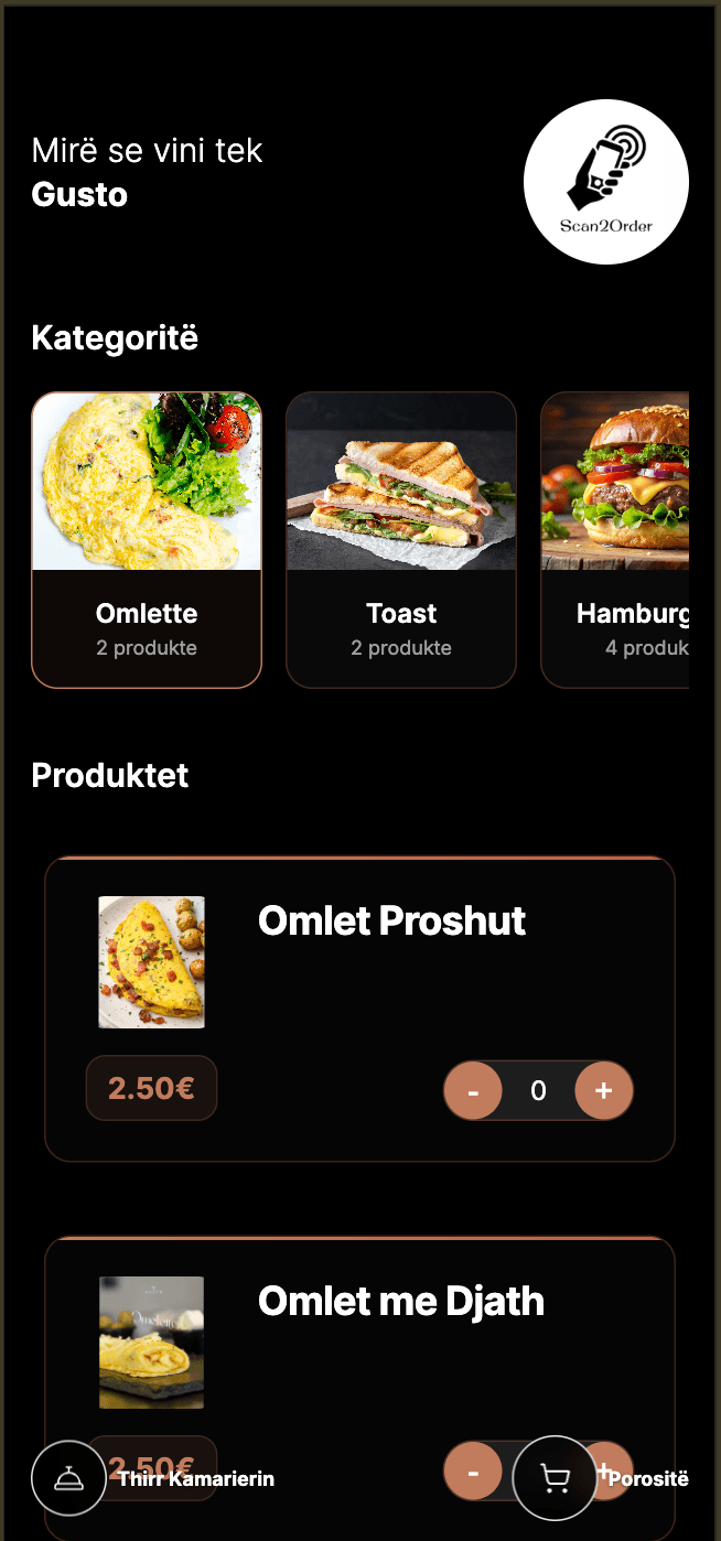 Screenshot of the Scan2Order NFC web menu.